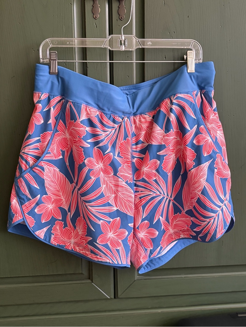 Lands' End Blue swim Shorts with coral Floral Print.  Size 14, like new!